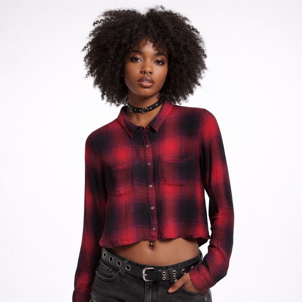 Mudd Red Black Plaid Cropped Button Down Shirt XS Y2K Grunge Goth Punk Cropped